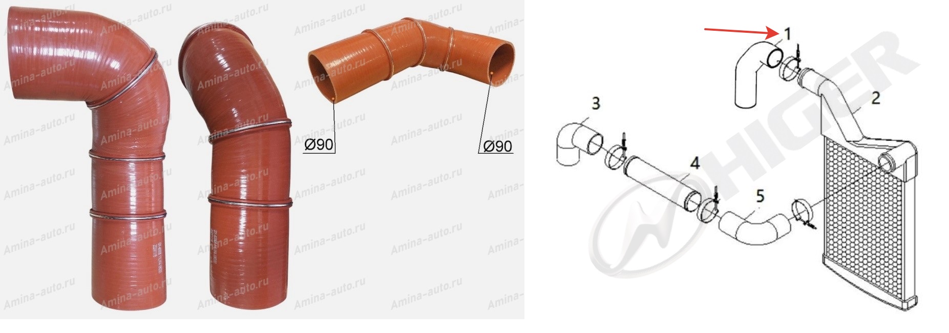 Патрубок интеркулера (YC6MK9375N-50) №1 верхний слева, Г-образный с отворотом *